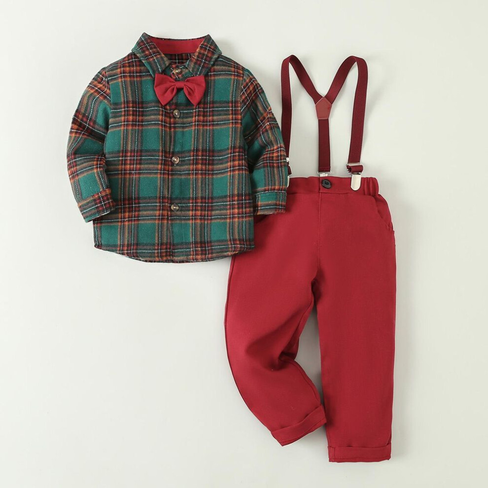 (red, 1-2 years) "stylish Boys' Plaid Suit With Bow Tie - 2-piece Set For Kids