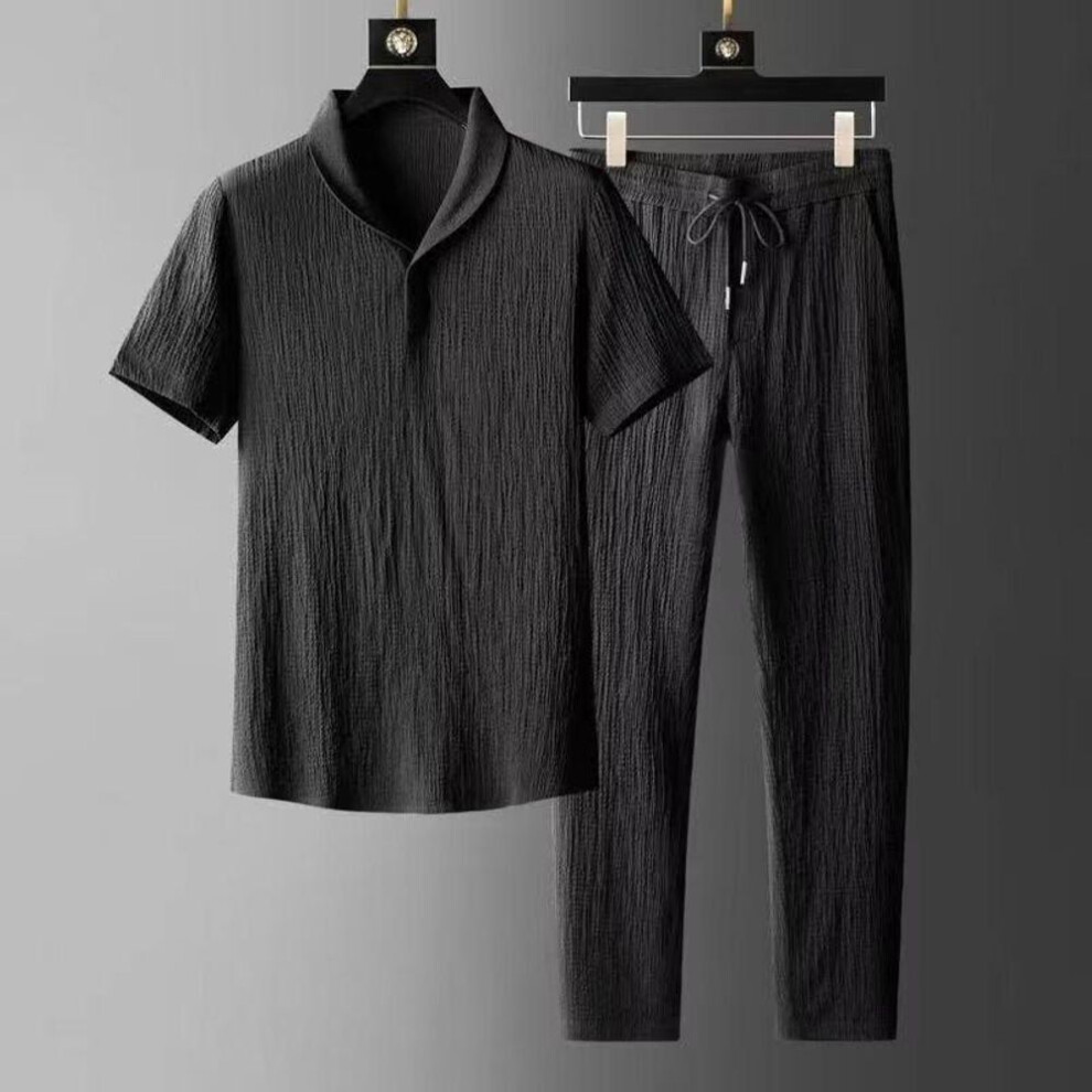 (black, XL) 2024 Men's Summer Chinese Style Two-Piece Suit: Solid Color Stand Collar T-Shirt & Pleated Trousers