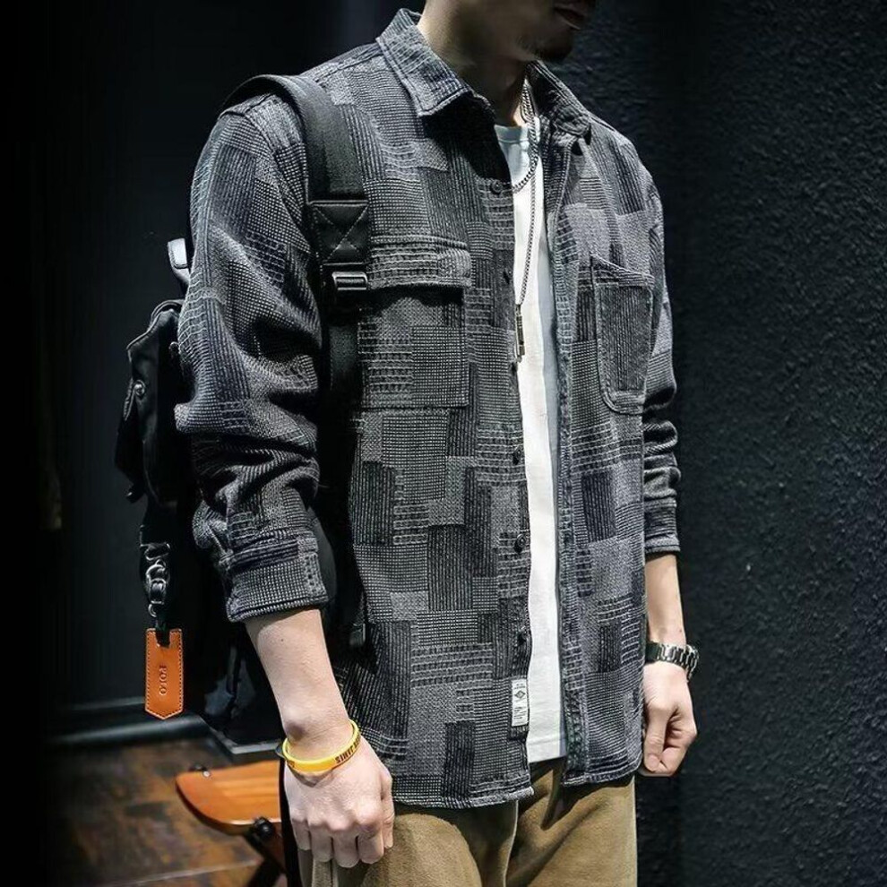 (black, M) Men's Trendy Retro Plaid Jacquard Black Denim Shirt-jacket, Autumn Loose Fit, Long-sleeved, Casual Style.