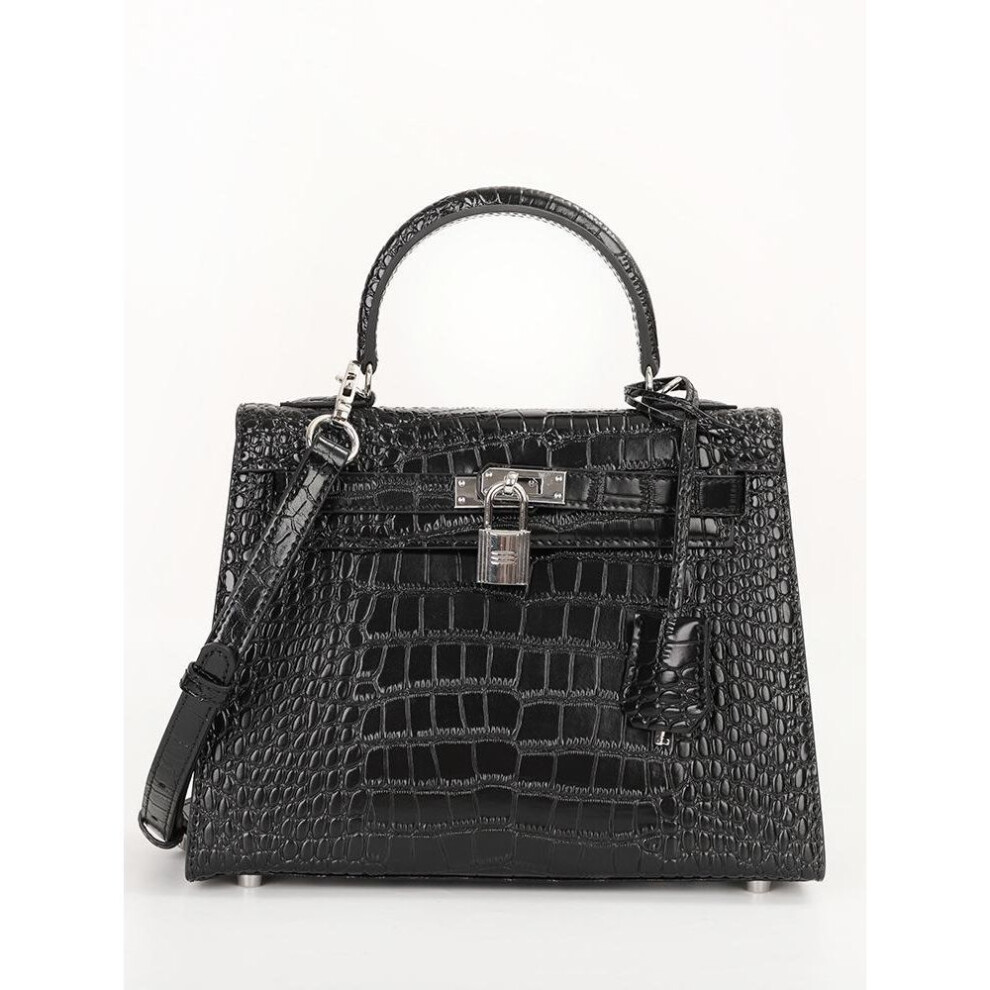 (black, 25*10*19cm) "2025 High Gloss Kelly-style Crocodile Pattern Cowhide Handbag – European/american Fashion Shoulder & Messenger Bag For Women