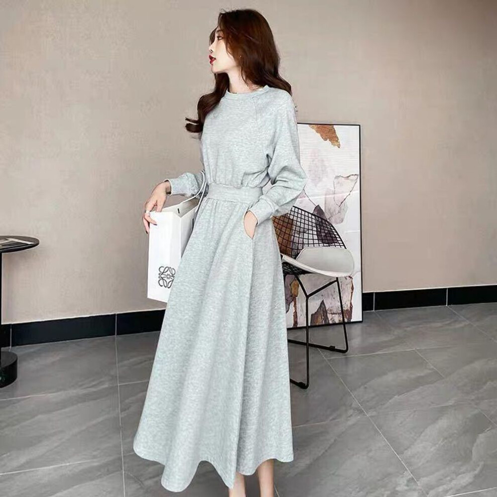(gray, Medium) "Korean Style Autumn/Winter Long Sleeve Waisted Sweater Dress for Women - Trendy Round Neck Design