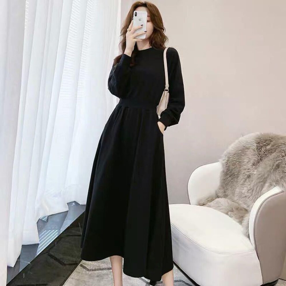 (black, Medium) "korean Style Autumn/winter Long Sleeve Waisted Sweater Dress For Women - Trendy Round Neck Design
