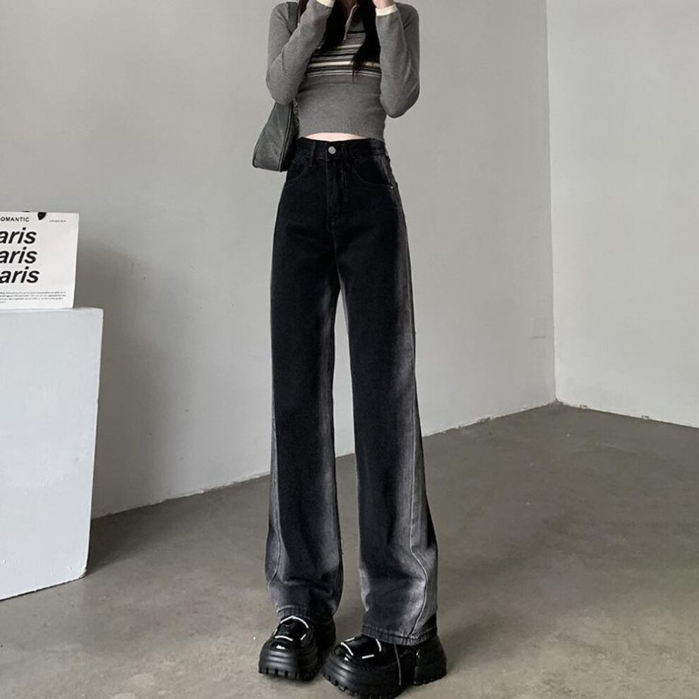 (black, 2X-Large) Gradient Black High-waisted Wide-leg Jeans For Women - Autumn/winter Style With Contrasting Colors And Loose, Floor-length Fit