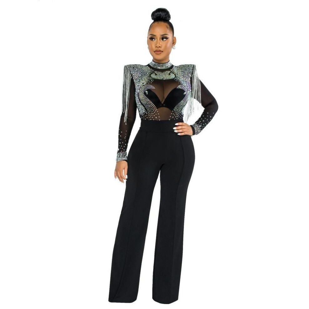 (black, M) European & American Women's Sexy Sheer Mesh Rhinestone Slim Straight Jumpsuit