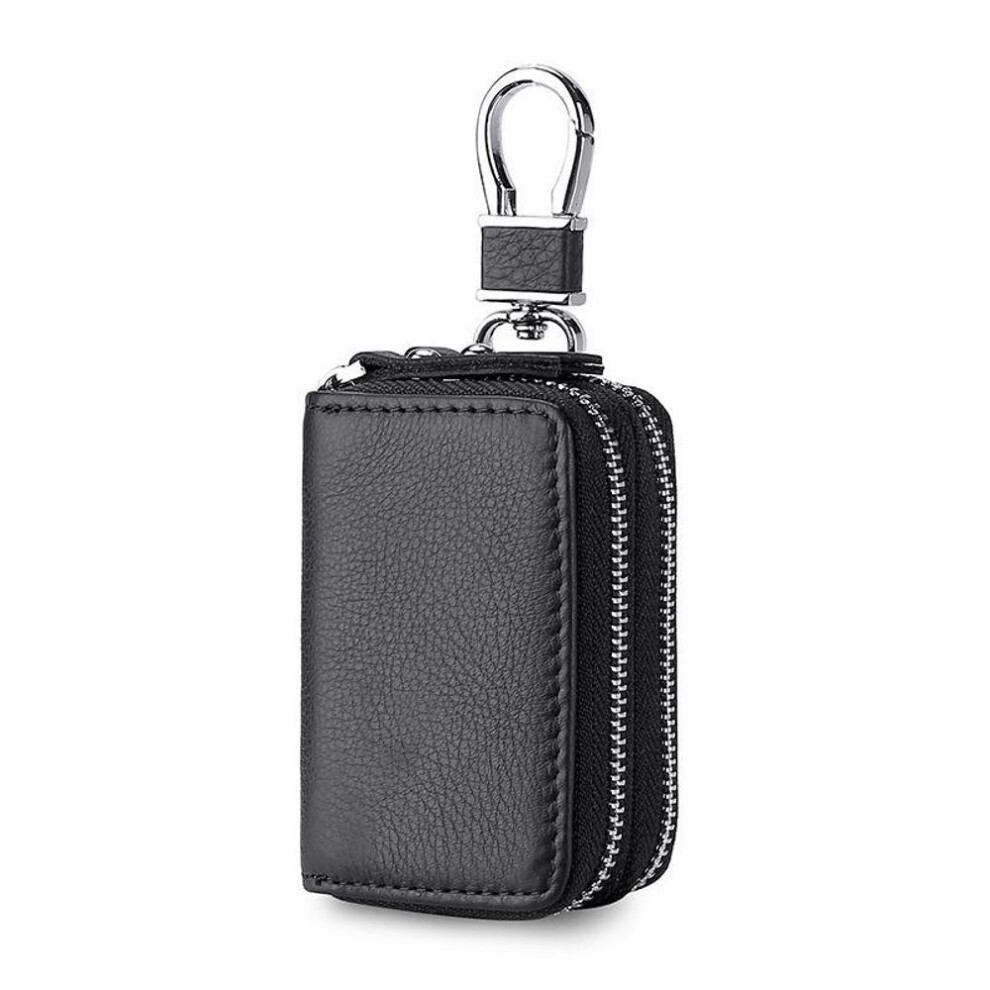 (black) Genuine Leather Double Zipper Car Key Bag With Waist Hanging Key Chain For Men