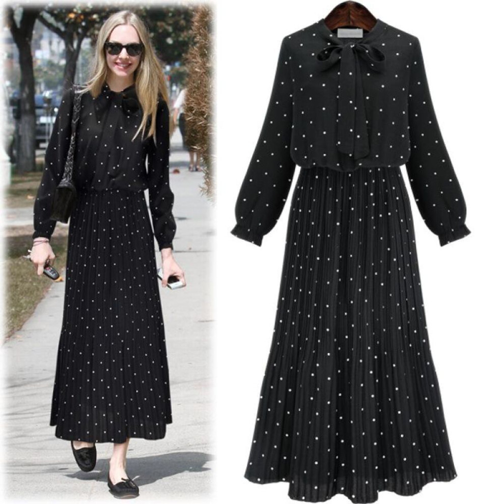 (black, M) "plus Size Women's Polka Dot Long Sleeve Bohemian Pleated Dress