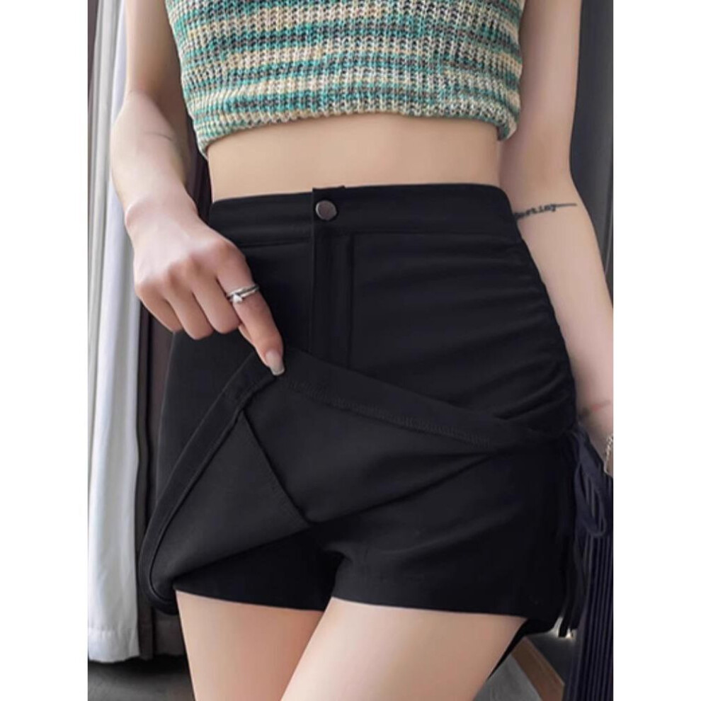 (3XL) "2024 Women's Black High Waist A-Line Pleated Short Skirt with Drawstring
