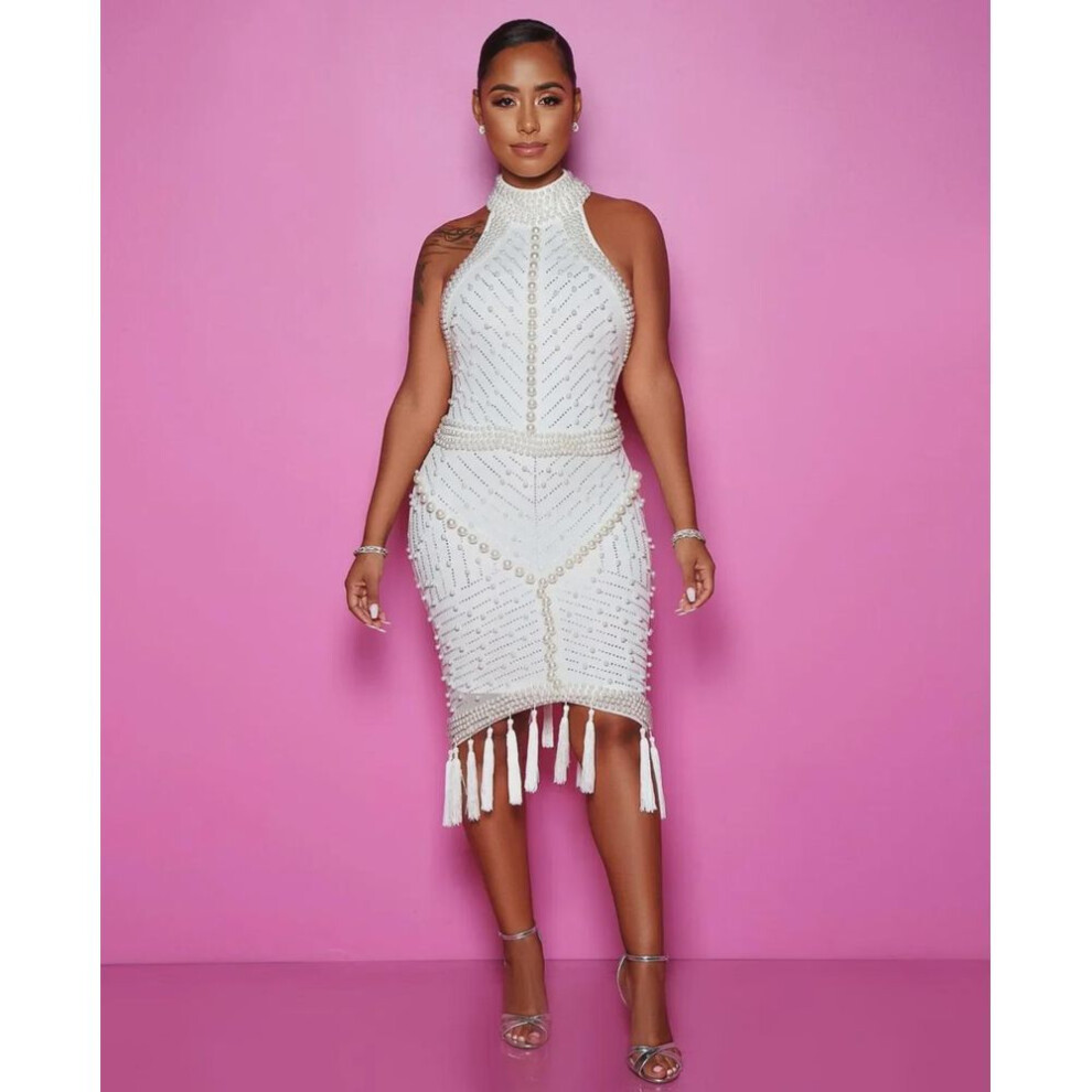 (white, XL) European-american Fashion Halter Neck Sleeveless Beaded Tassel Mini Dress