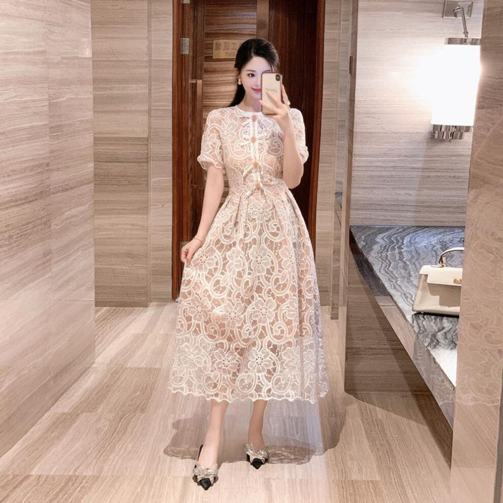 (ivory,white, XL) "2024 Summer French Lace Princess Dress: Light Luxury, Retro Waist Design