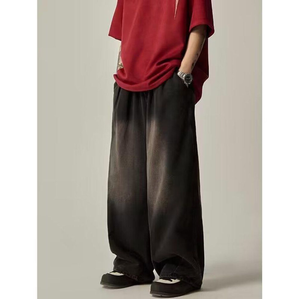 (black, L) "Unisex Japanese Style Loose-Fit Wide Leg Jeans with Elastic Waist