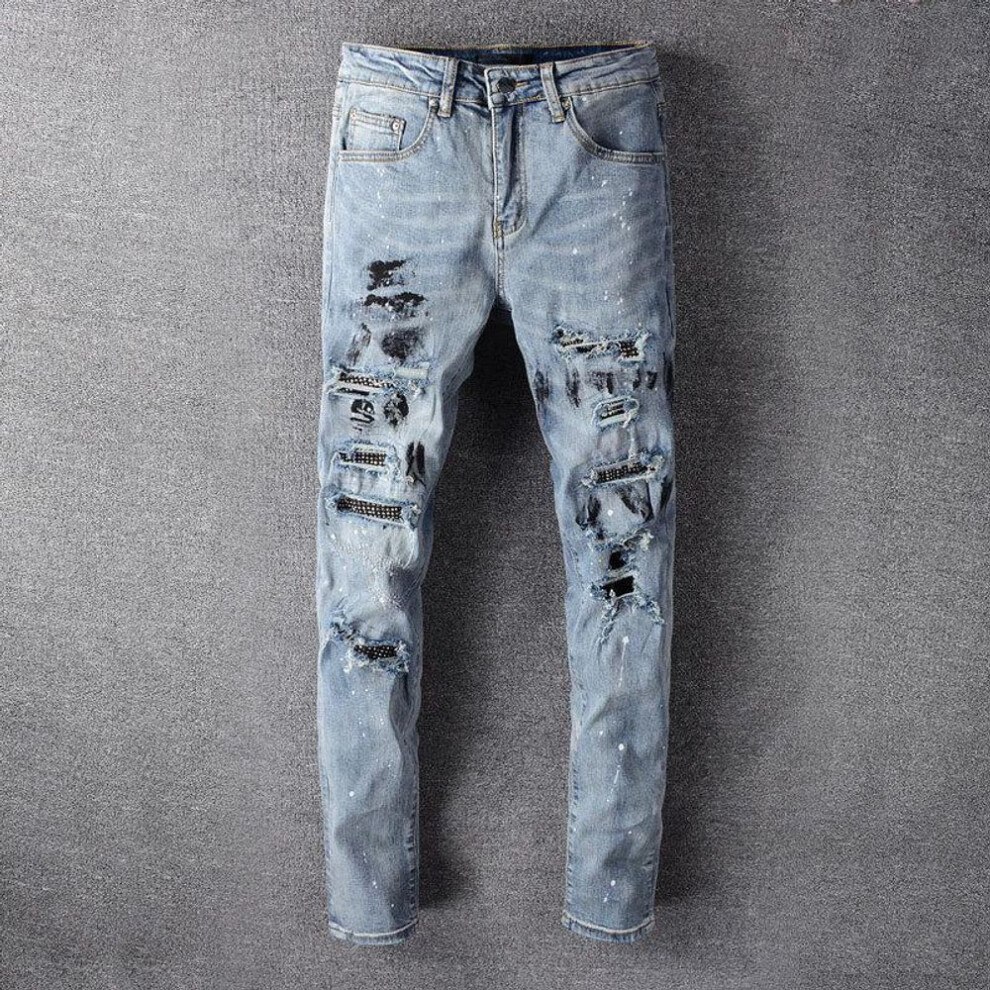 (29) Men's Light Wash Ripped Skinny Jeans With Diamond Patches