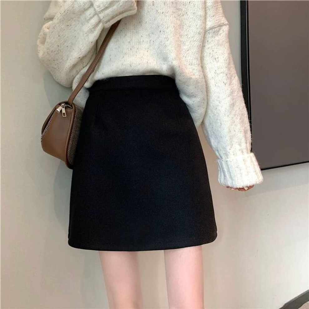 (XL) "Women's Black Wool A-Line Skirt - 2023 Autumn/Winter, High Waist, Slim Fit, Petite Sizes