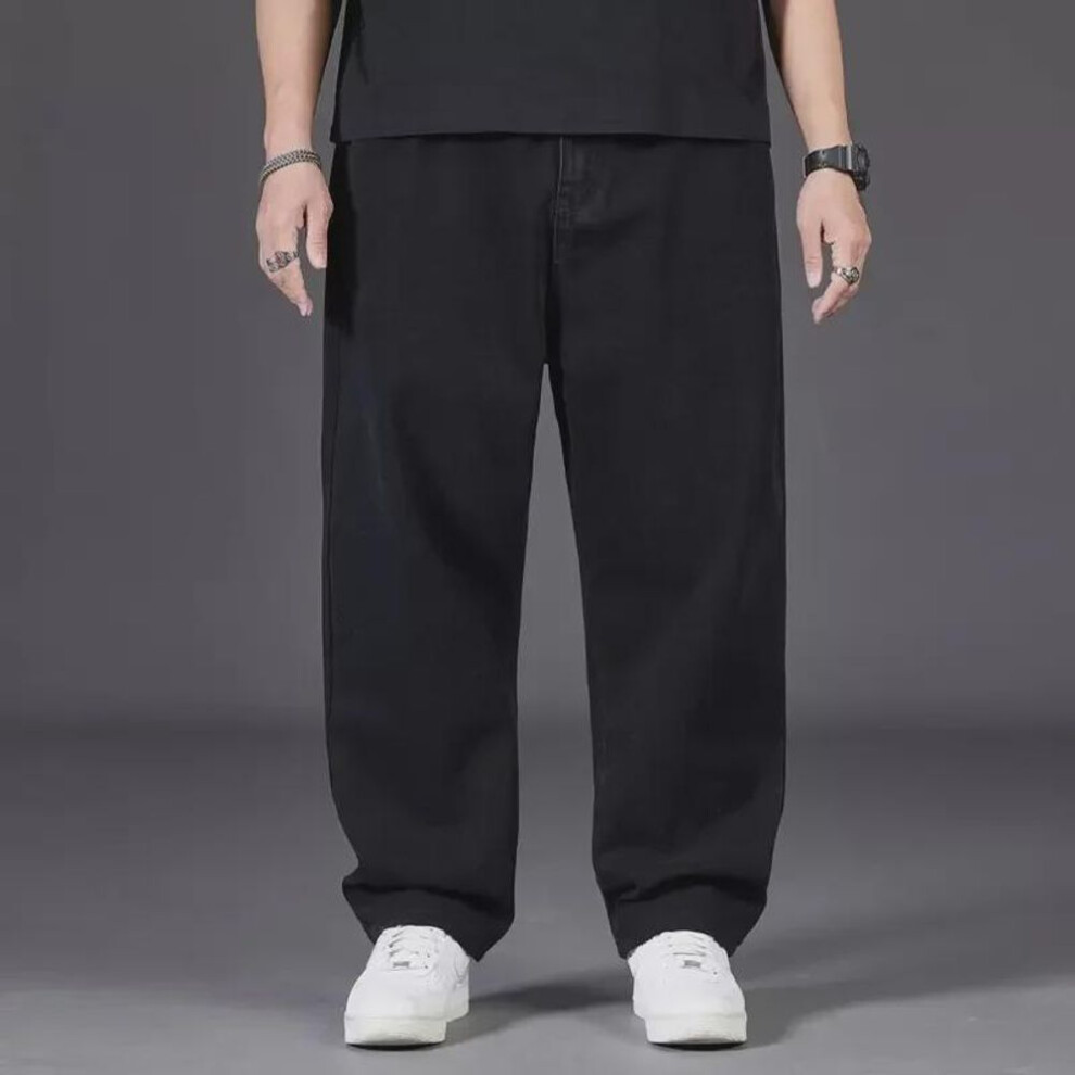 (black, 44) Men's Plus Size Autumn Loose Straight Wide-Leg Elastic Waist Jeans