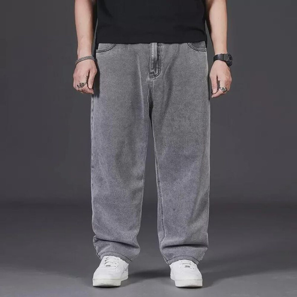 (gray, 44) Men's Plus Size Autumn Loose Straight Wide-Leg Elastic Waist Jeans