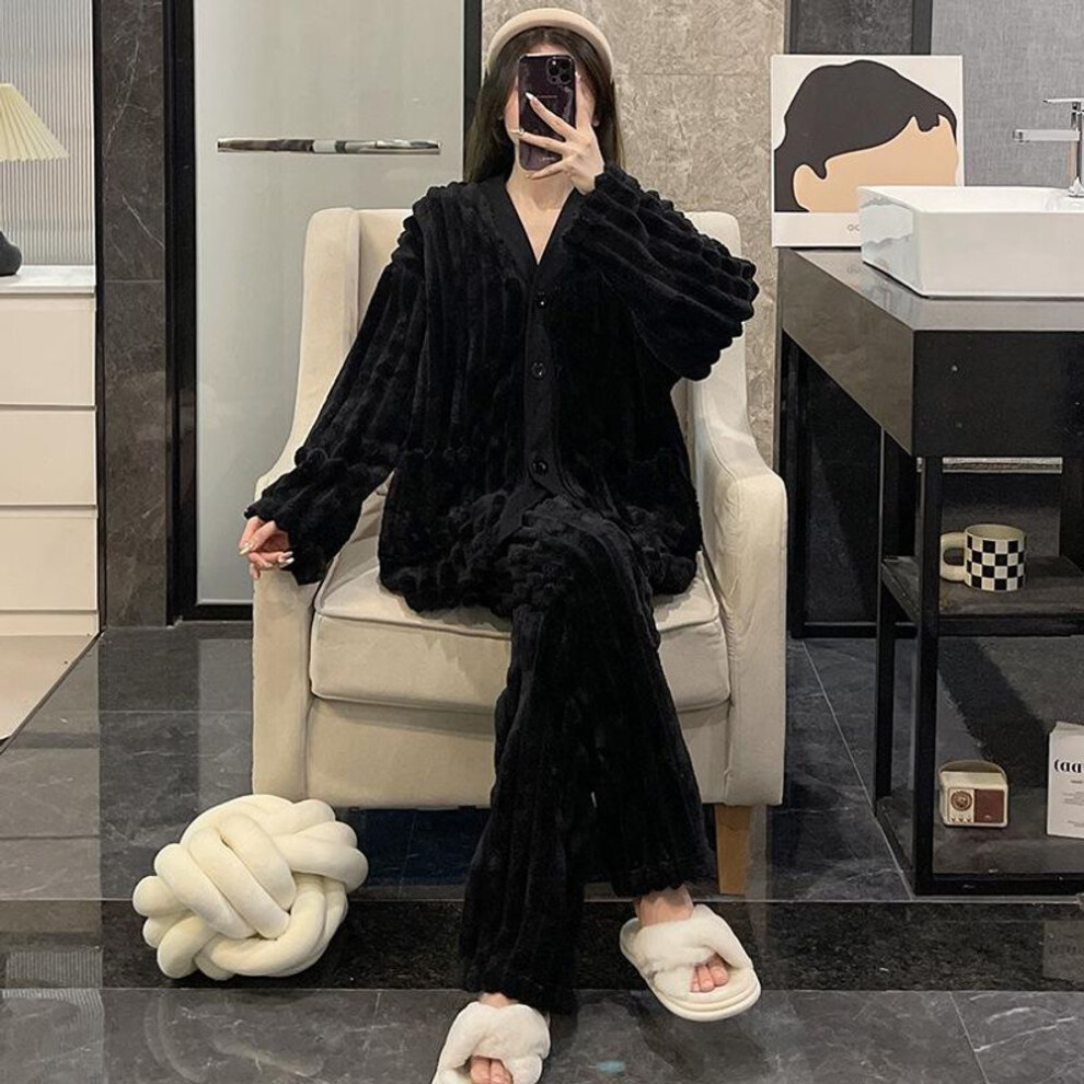 (Size 4 (XL, 2XL)) Flannel V-neck Loose Pajama Set For Women – Long-haired, Solid Color, Perfect For Autumn And Winter.
