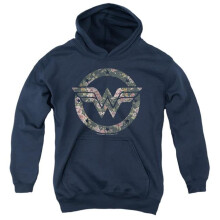 Trevco Sportswear JLA1231-YFTH-4 DC Wonder Woman Floral Logo Youth Hooded Sweatshirt, Navy - Extra Large