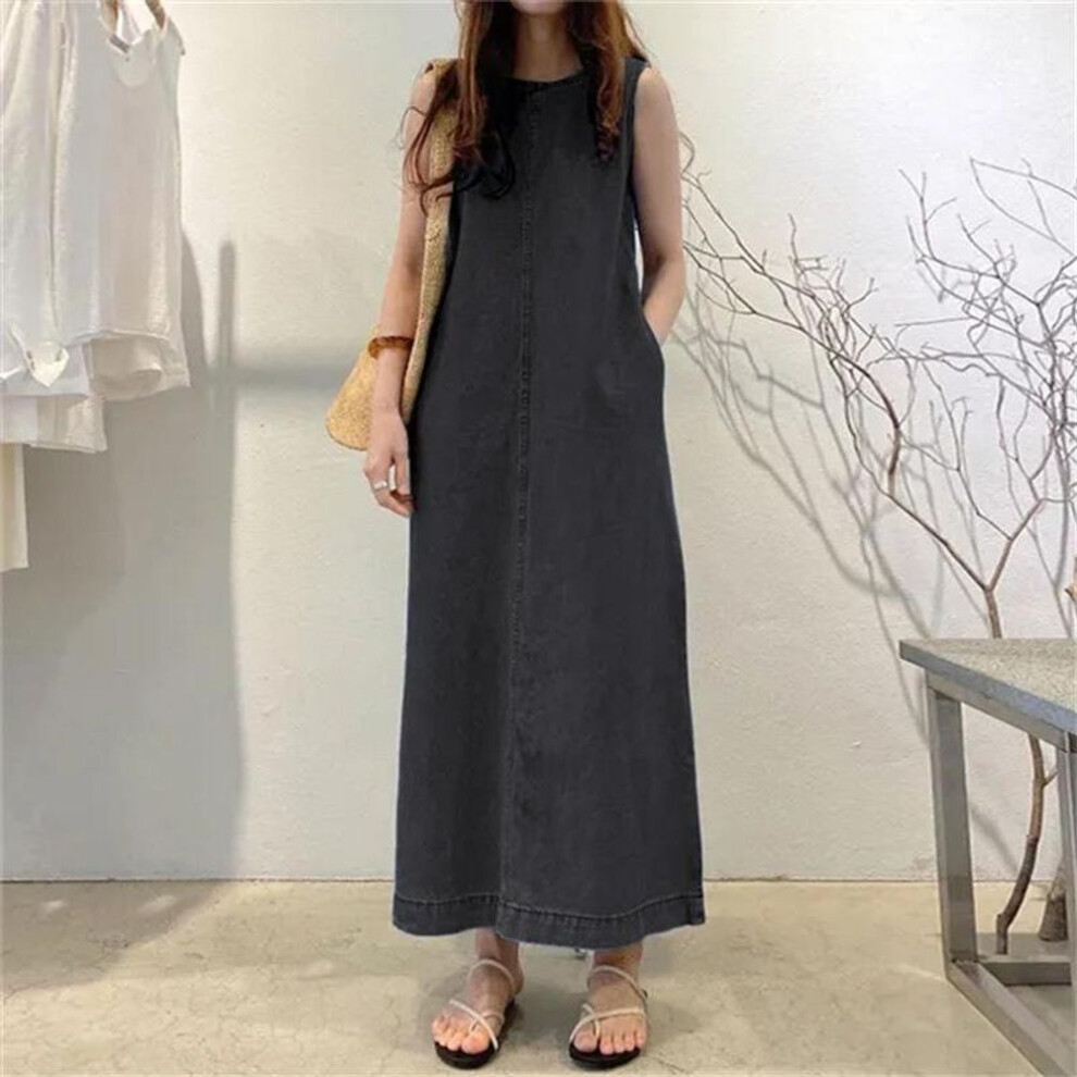 (black, M) Women's Sleeveless Denim Maxi Dress with Pockets