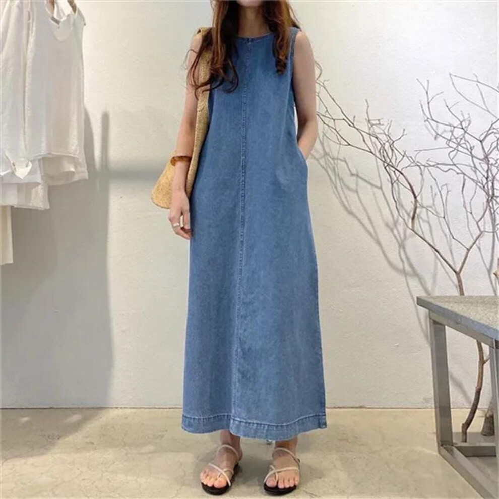 (blue, XXL) Women's Sleeveless Denim Maxi Dress with Pockets