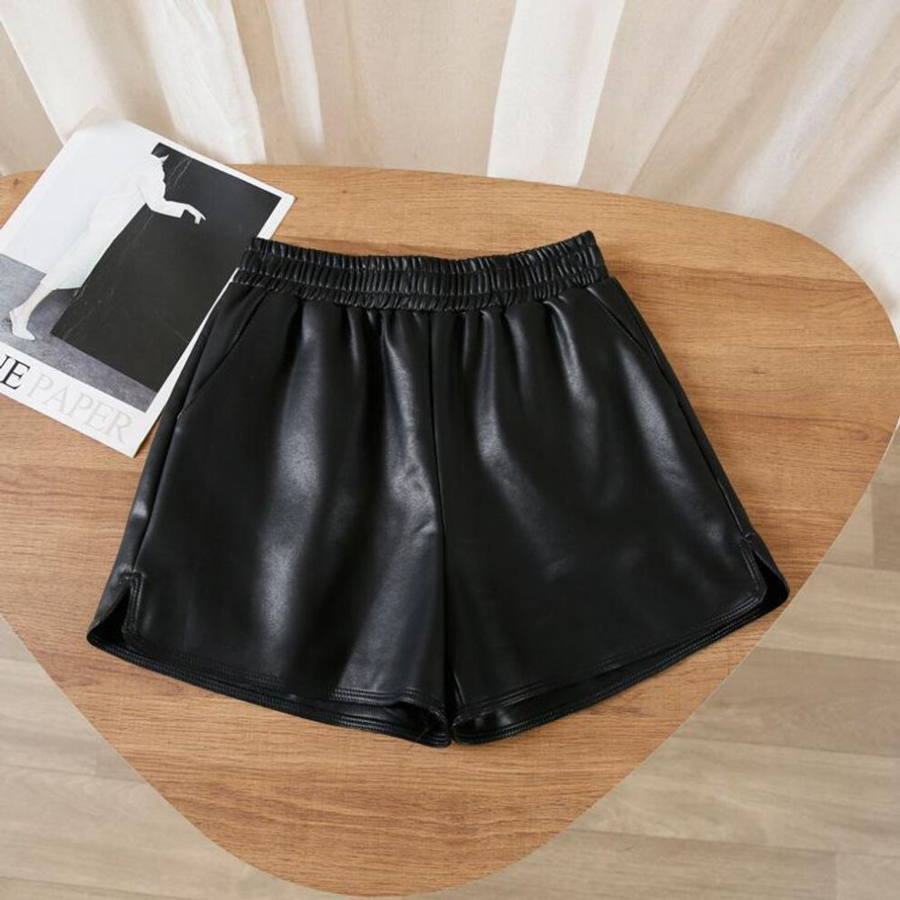 (black, M) High-waist Autumn Pu Leather Wide-leg Pants For Women