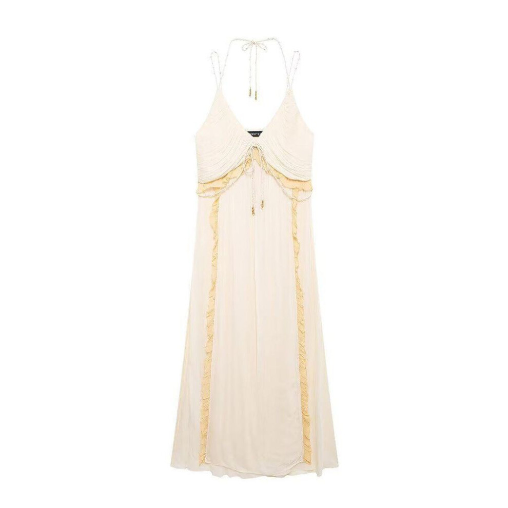 (apricot, Medium) "Elegant French European Style Sexy Spaghetti Strap Long Dress for Women