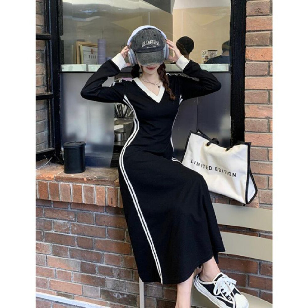 (4XL) Women's Black V-Neck Knee-Length Skirt Dress, Slim Fit with Large Sizes, Perfect for Spring and Autumn (up to 200 lbs)