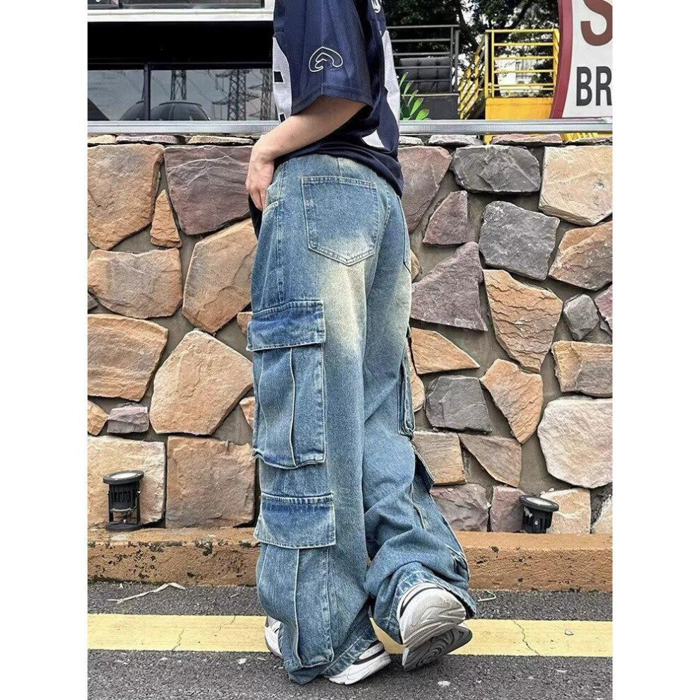 (blue, S) "2024 Women's American Retro High Street Wide-Leg Overalls – Trendy Straight Jeans