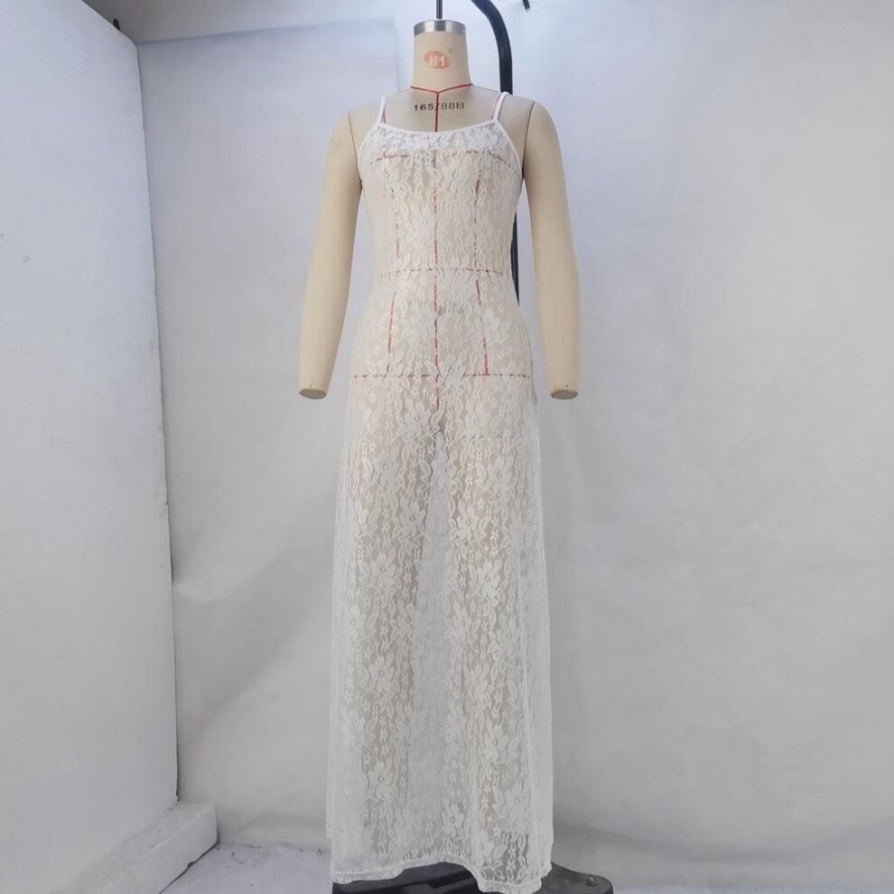 (white, Medium) Women's Spring/summer Lace Spaghetti Strap Dress - Sexy, Sheer, High-end Beach Party Wear.
