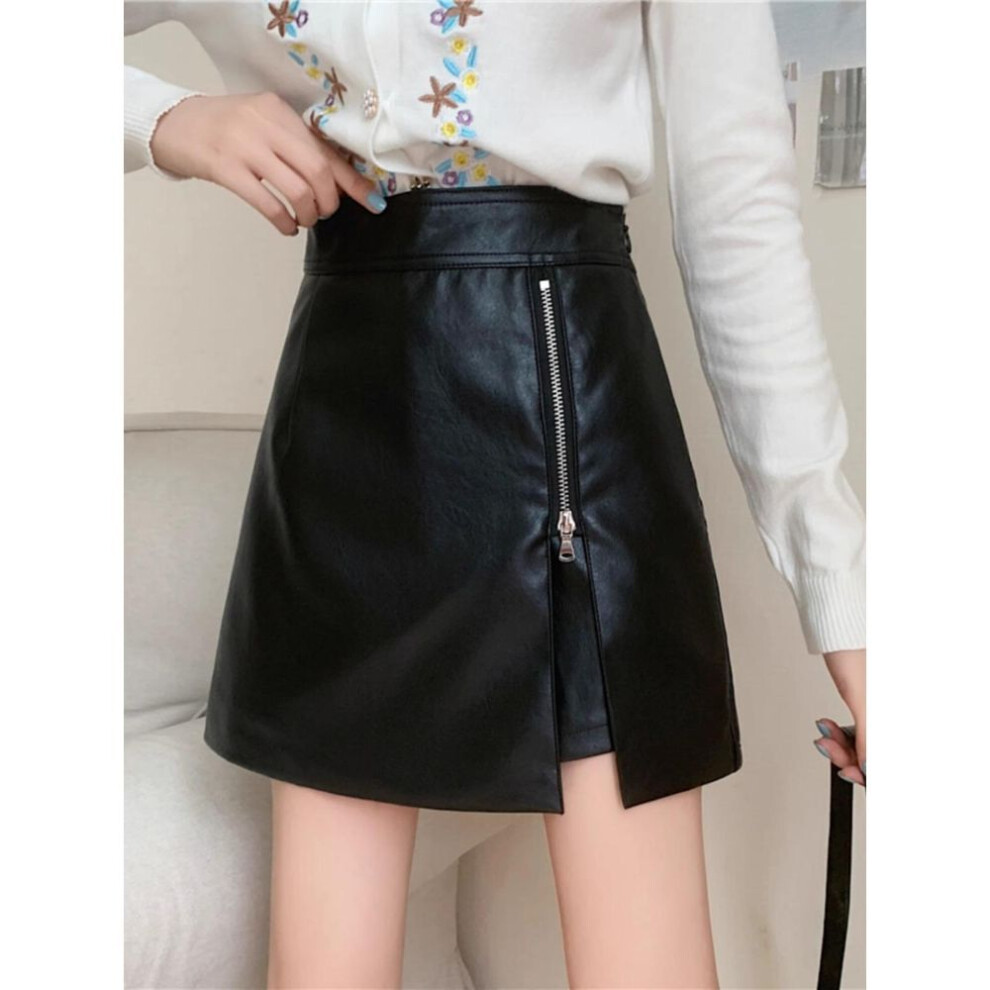 (black, L) "2023 Autumn/Winter High Waist PU Leather A-Line Skirt: Slim, Hip-Covering, Fashionable Korean Style