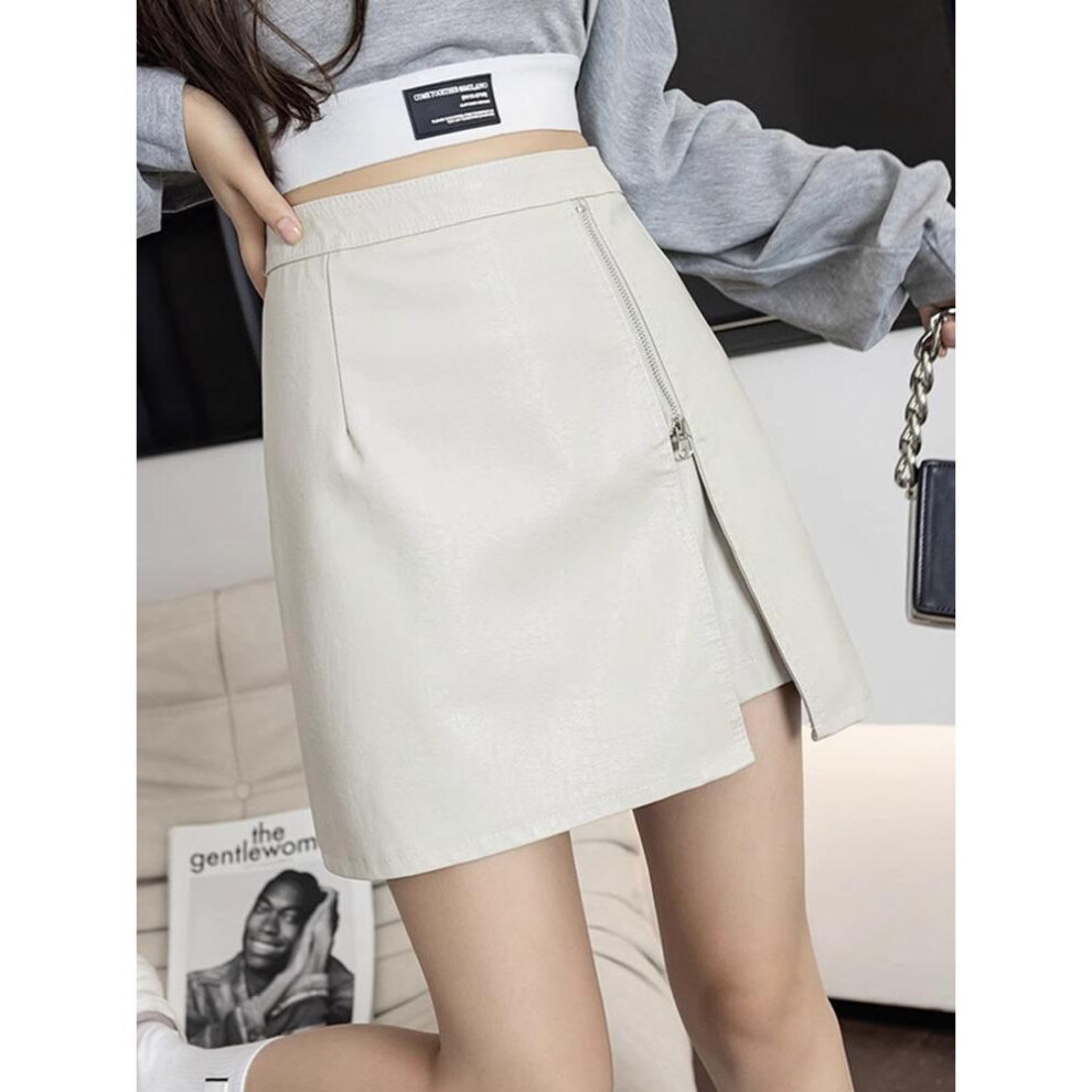 (apricot, M) "2023 Autumn/winter High Waist Pu Leather A-line Skirt: Slim, Hip-covering, Fashionable Korean Style
