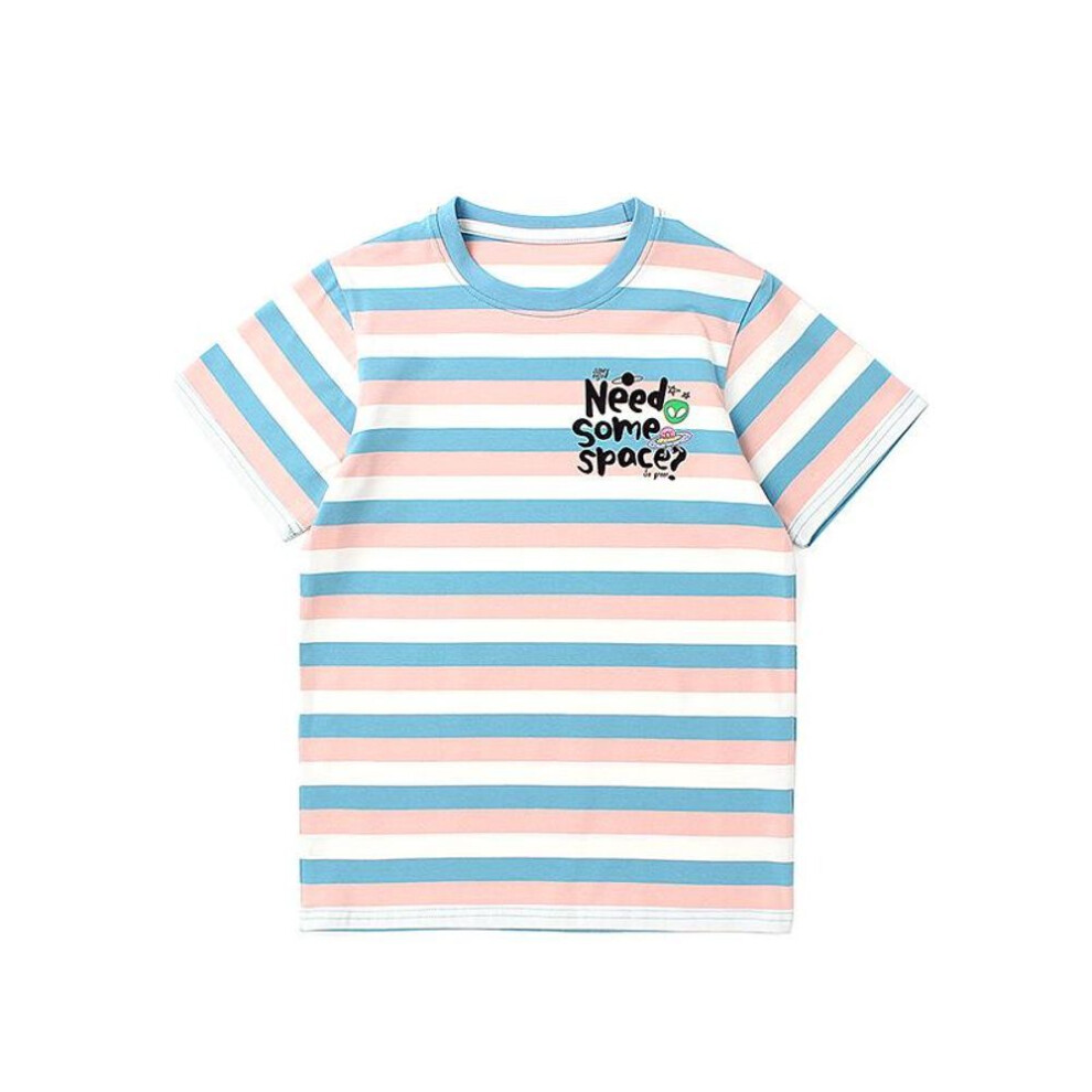 (blue,pink, 150cm) Summer Korean Striped Short-Sleeve Cartoon T-Shirt for Girls