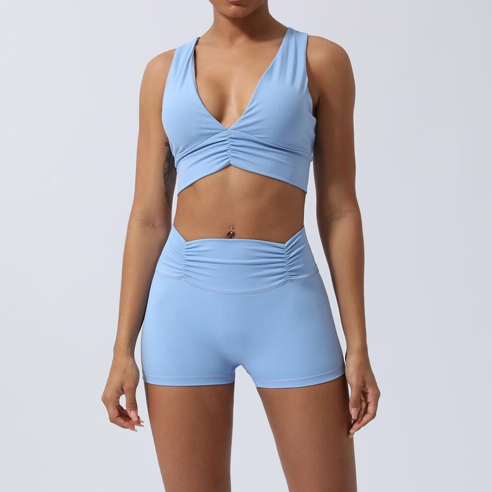 (sky blue, XL (recommended 120-130 jin)) "Spring/Summer Nude Yoga Set: Sexy Back Sports Bra & Pleated Hip-Lift Capri Pants