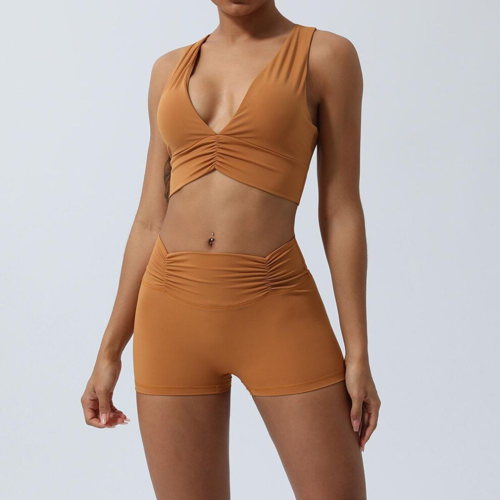 (khaki,brown, M (recommended 100-110 jin)) "Spring/Summer Nude Yoga Set: Sexy Back Sports Bra & Pleated Hip-Lift Capri Pants