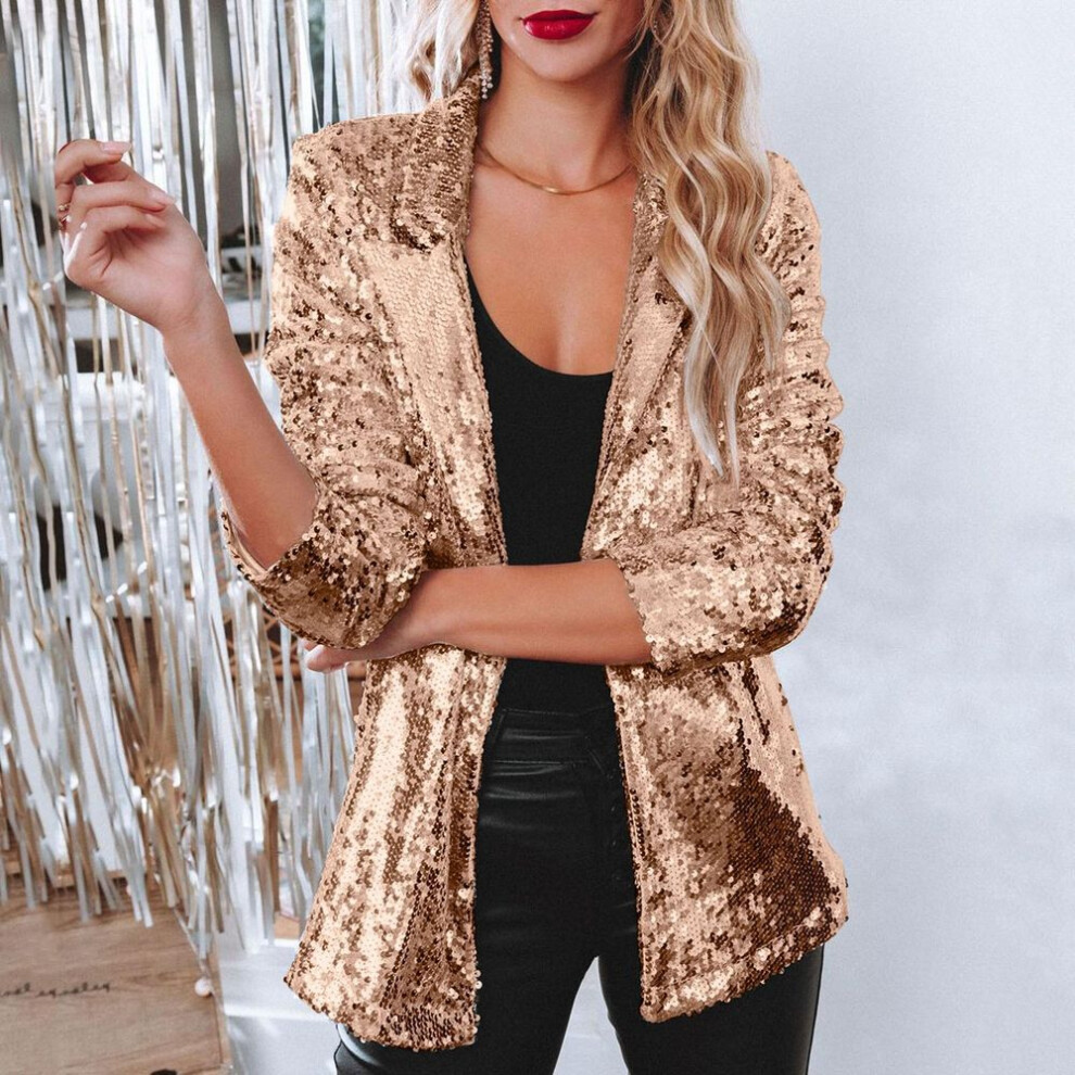 (rose gold, Medium) Women's European & American Style Sequined Lapel Cardigan Blazer