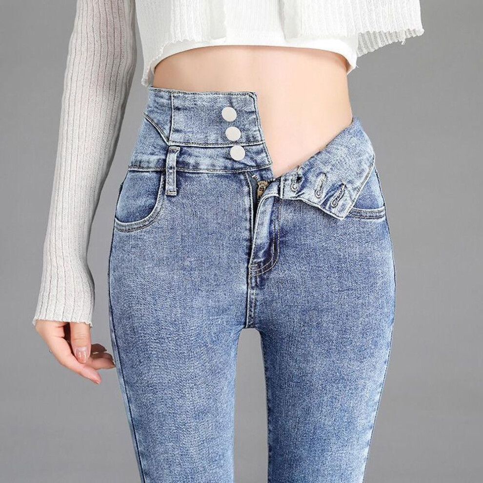 (light blue, 26) Women's High Waist Slimming Skinny Jeans with Three Buttons, Elastic Fit, Autumn & Winter Nine-Point Style