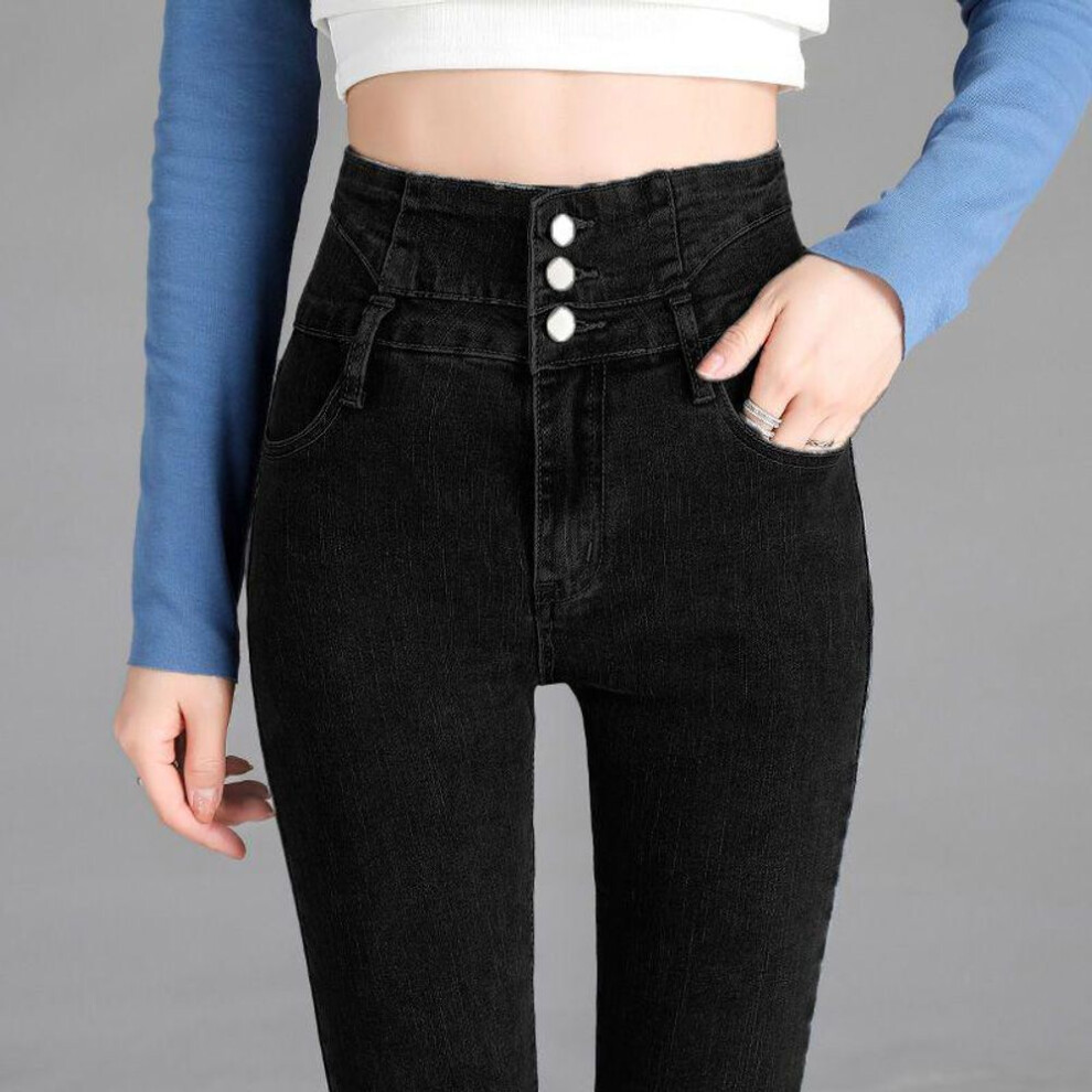(black, 26) Women's High Waist Slimming Skinny Jeans with Three Buttons, Elastic Fit, Autumn & Winter Nine-Point Style