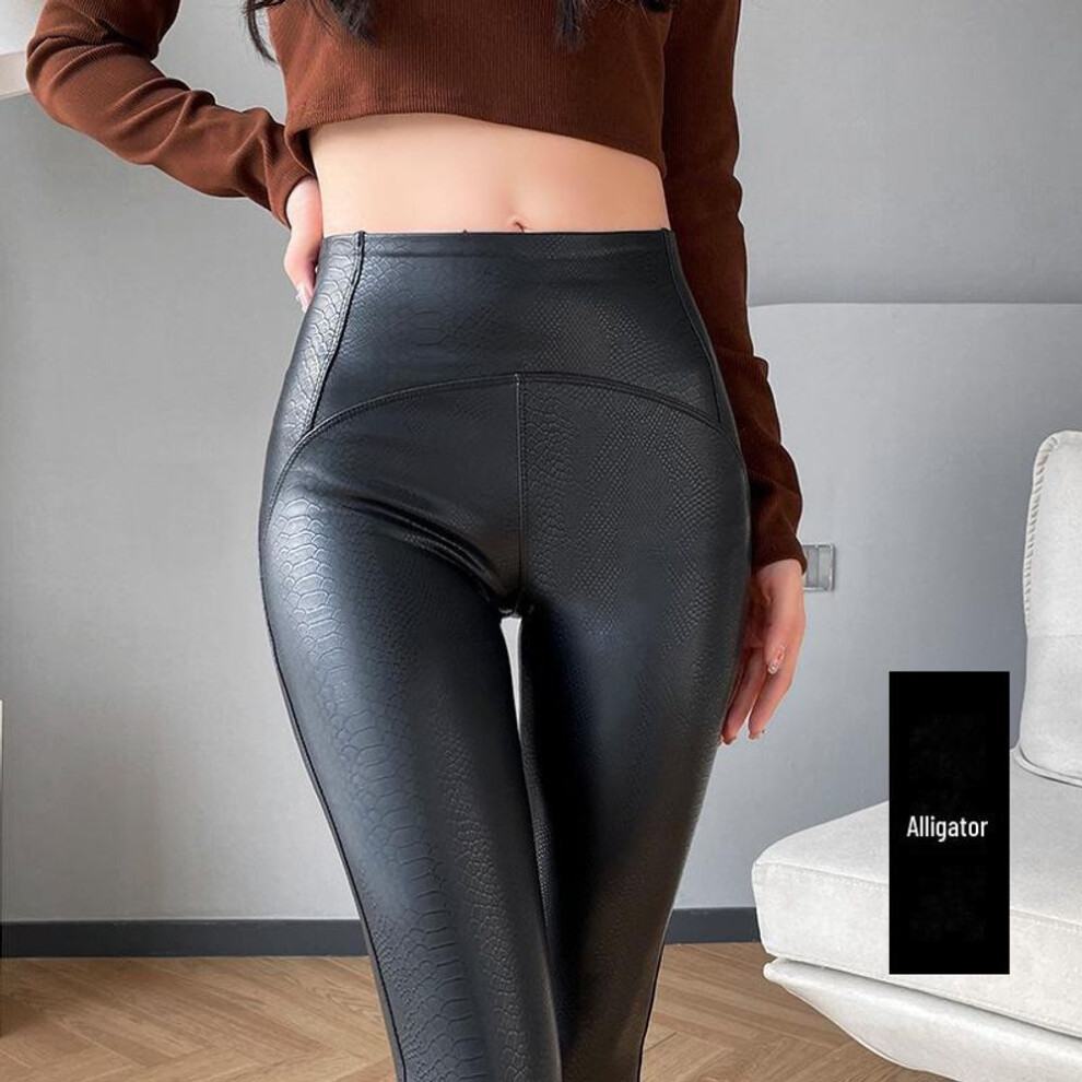 (XL (130-145 lbs)) "women's Matte Pu Leather Plus Velvet Motorcycle Leggings - Autumn/winter, Windproof, Elastic, Large Size
