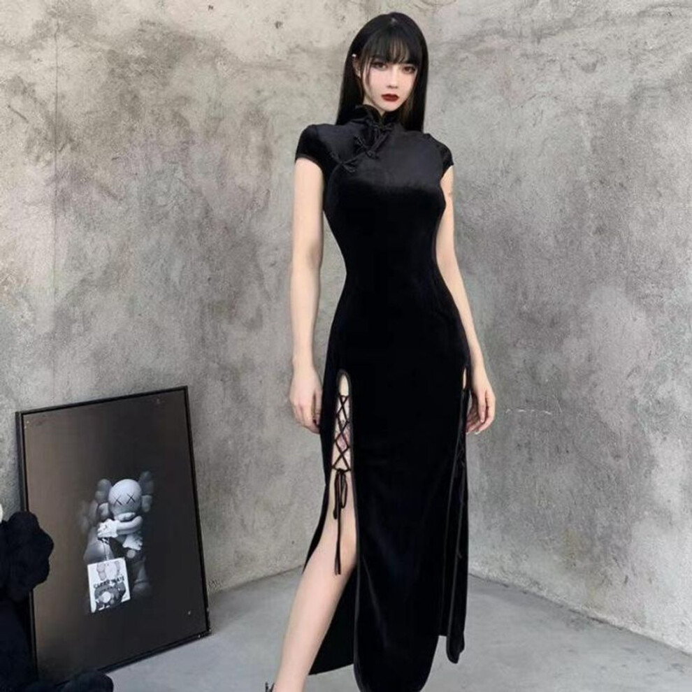 (black, Large) "velvet Black Retro Cheongsam With Slit - Long Chinese Style Dress