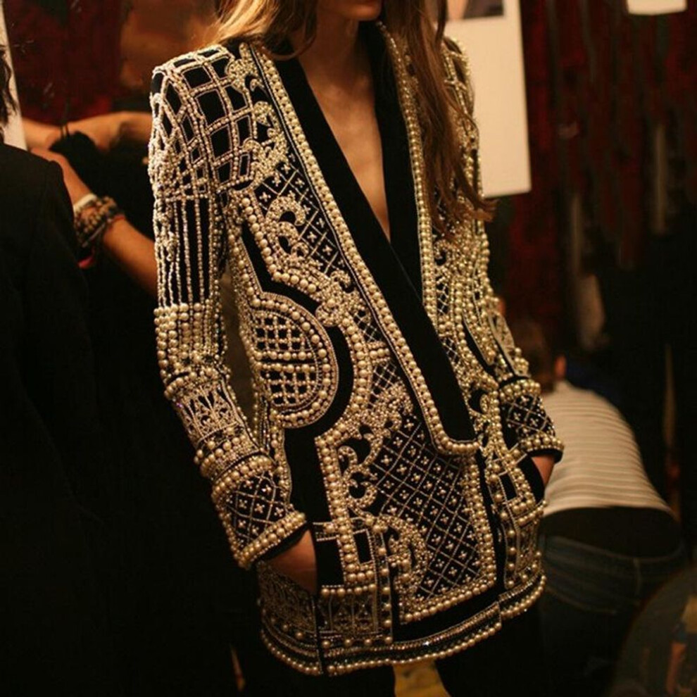 (yellow, 2XL) 2025 French-Style V-Neck Beaded Print Women's High-End Long Sleeve Suit Jacket