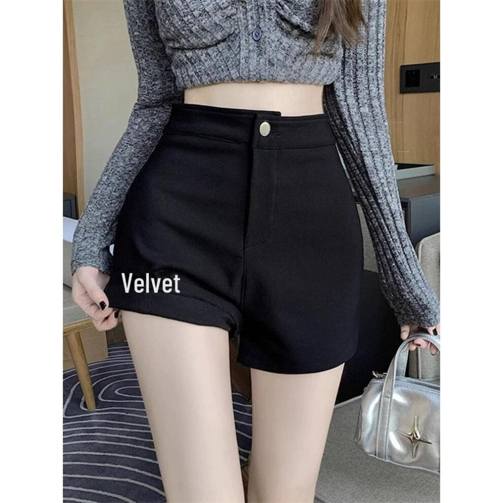(black, S) Women's High-waist Black Velvet Shorts For Autumn & Winter