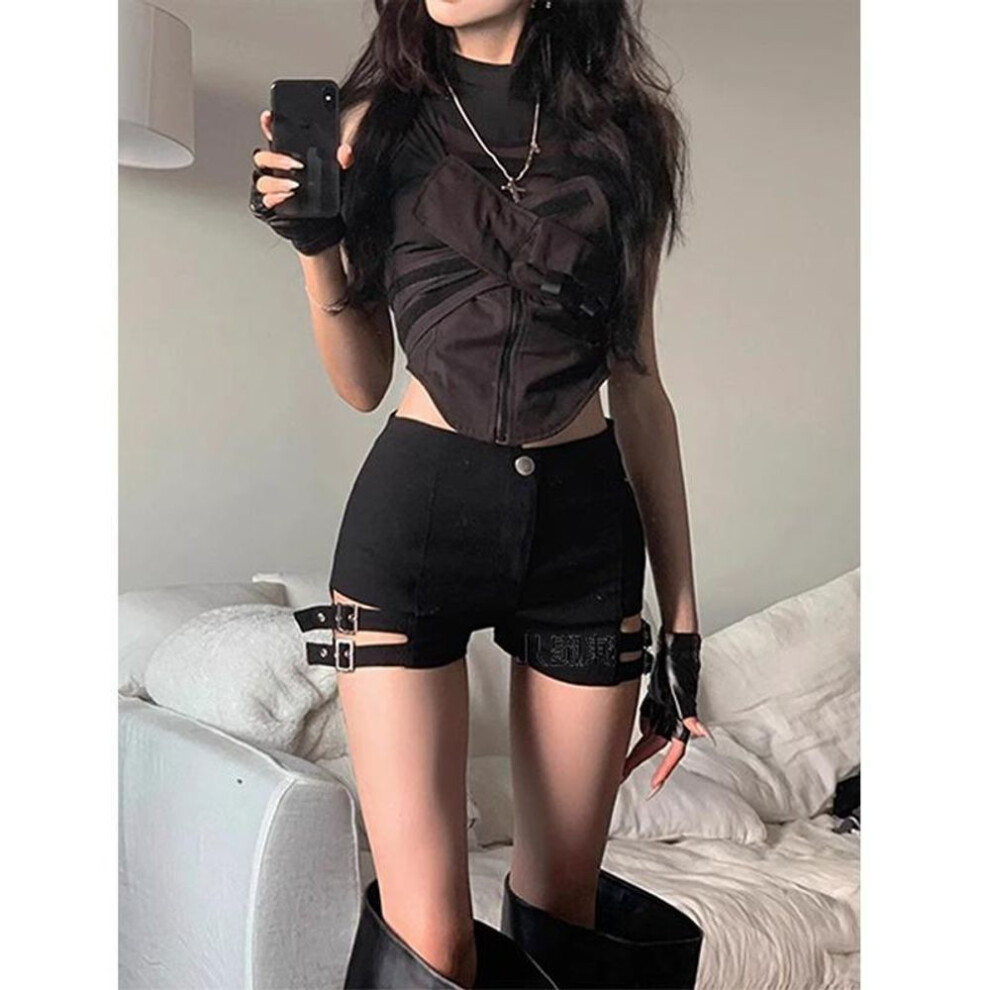 (black, M) High-waisted Black Elastic Hot Shorts For Dance & Motorcycle - Women's Summer Punk Style