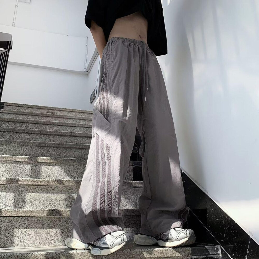 (gray, 2XL) Unisex Retro Striped Paratrooper Pants: Loose-Fit, Quick-Dry, Wide-Leg Dance and Sports Overalls.