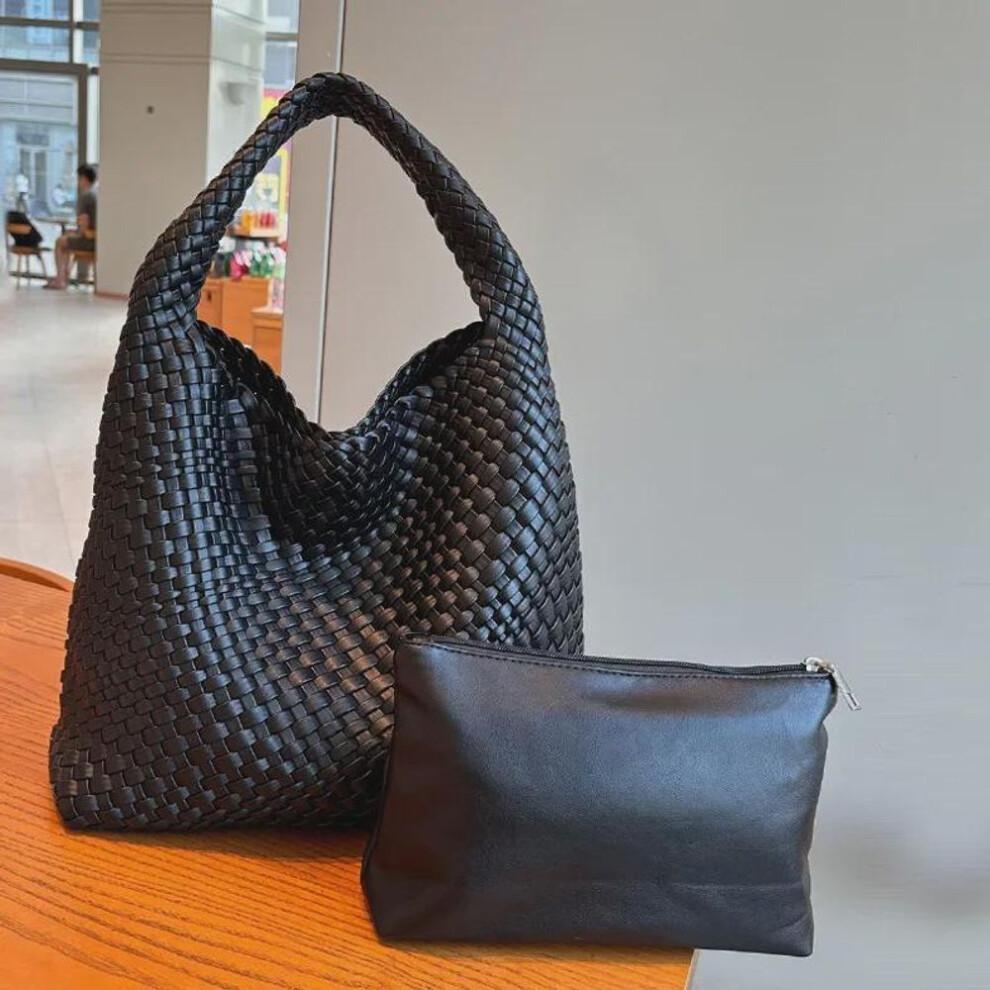 (black) "European & American Fashion Lightweight Woven Bucket Bag - Large Capacity Handbag & Shoulder Bag for Women