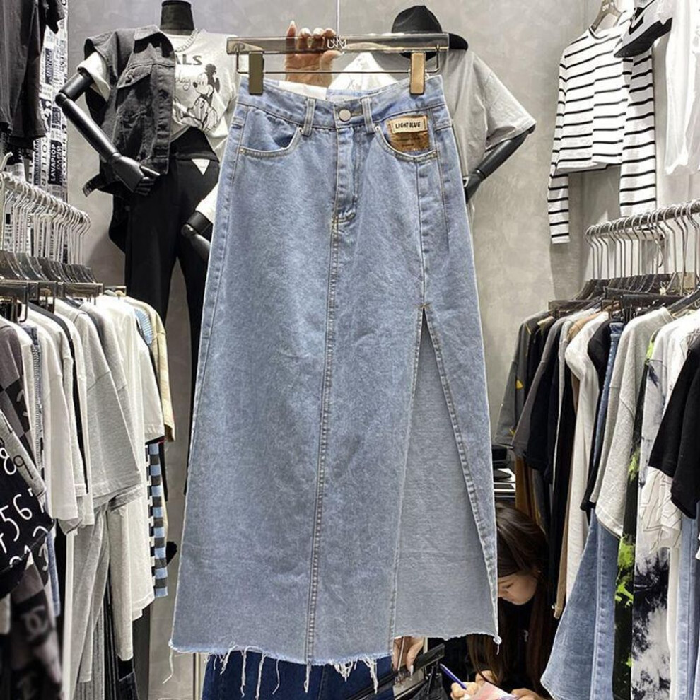 (light blue, L) "Summer 2021 High Waist Side Slit Denim Skirt - Slim A-Line Mid-Length Korean Hot Girl Style