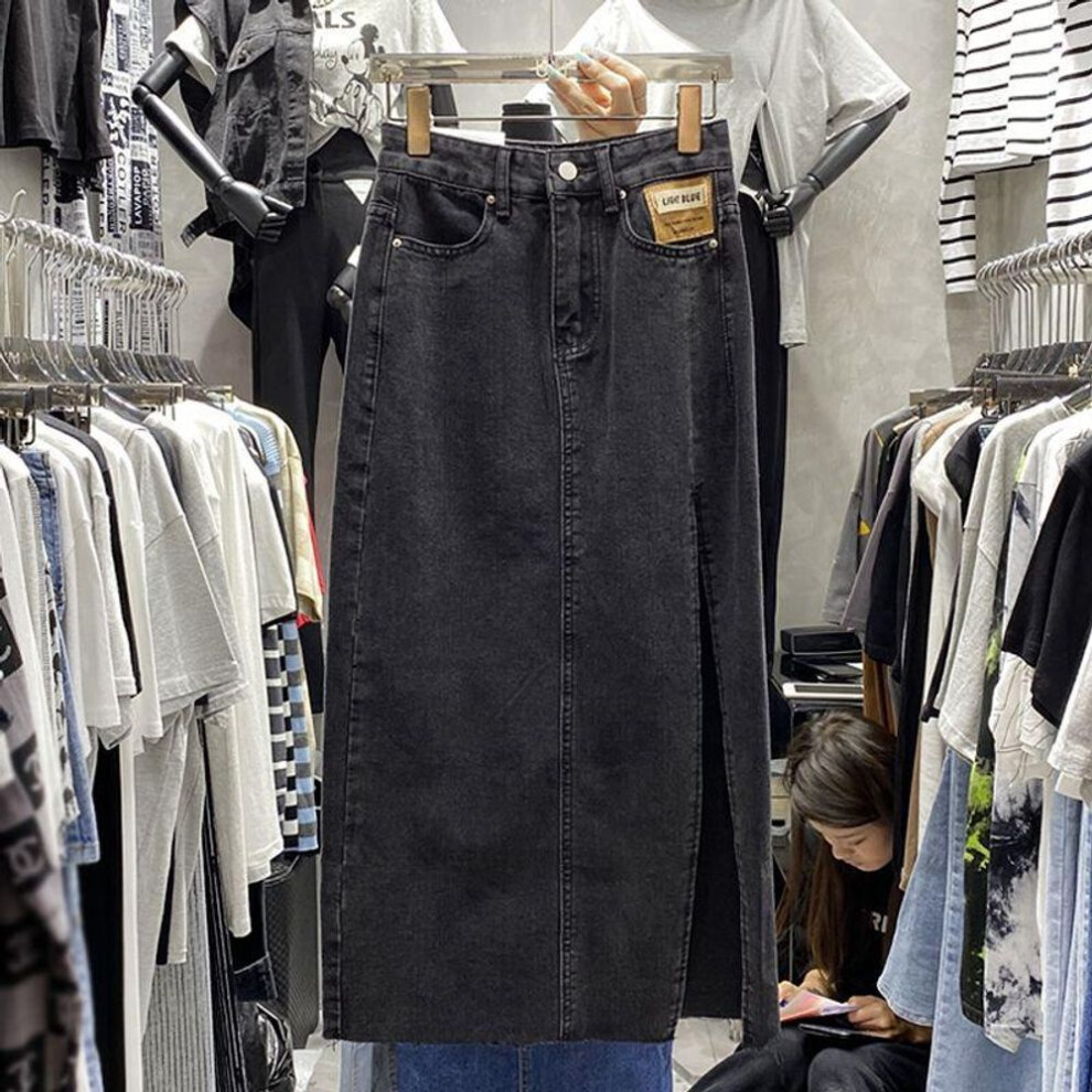 (black, L) "Summer 2021 High Waist Side Slit Denim Skirt - Slim A-Line Mid-Length Korean Hot Girl Style
