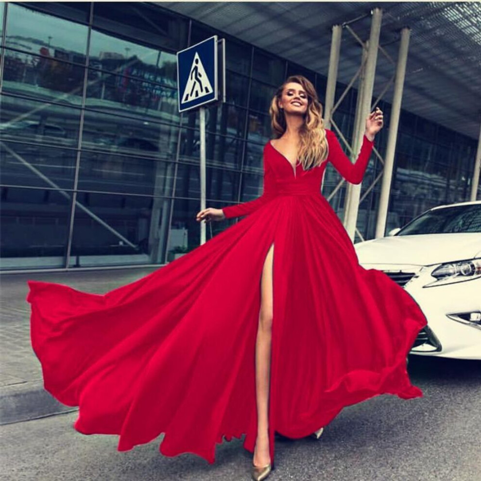 (red, L) "2025 Sexy Deep V Long Sleeve Milk Silk Dress