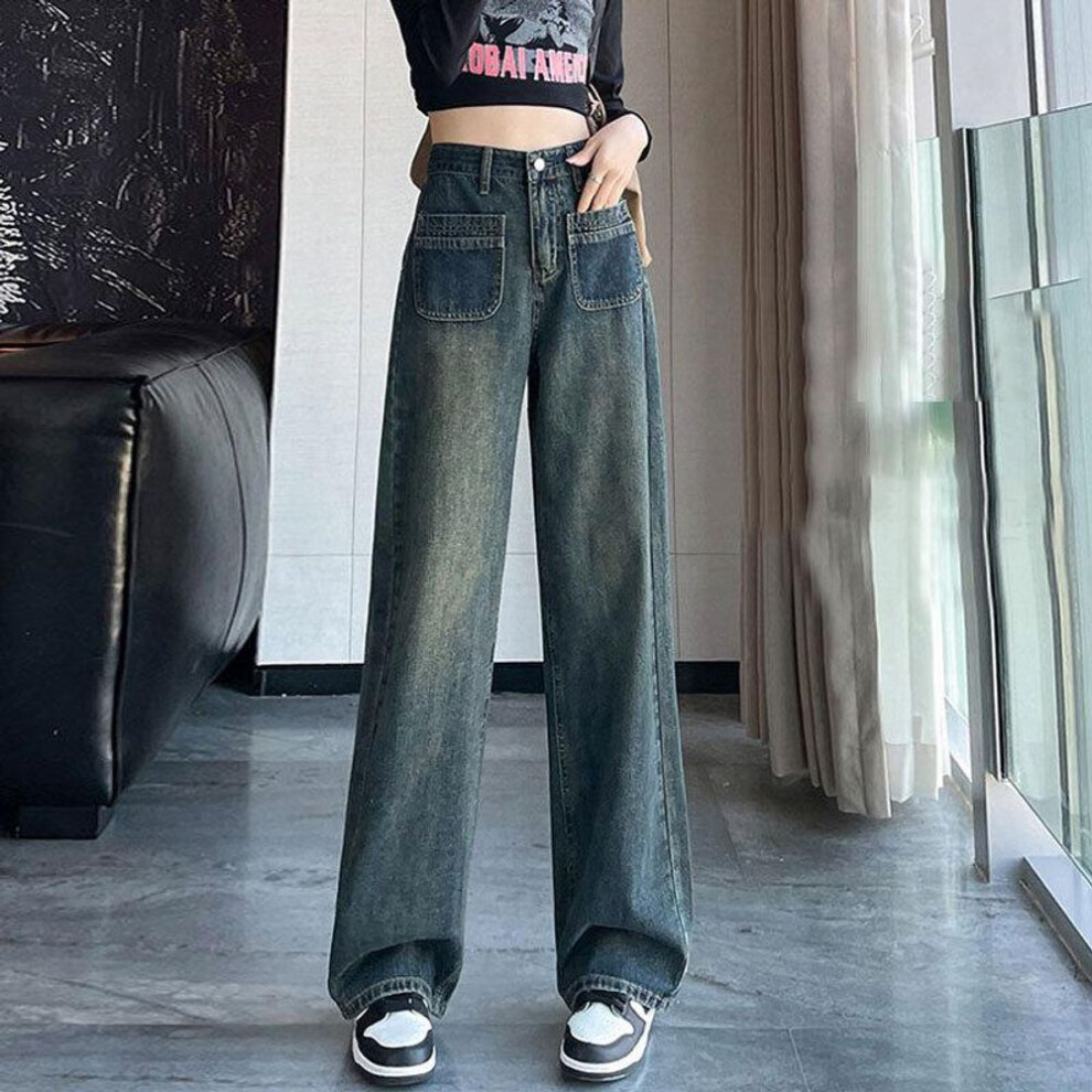(2XL) "Cement Gray High Waist Wide Leg Jeans for Pear-Shaped Women