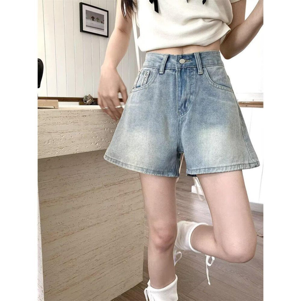 (light blue, M) 2024 Women's Blue High-waist Wide-leg Shorts: Hong Kong Style, Plus Size, Slimming Summer Fashion