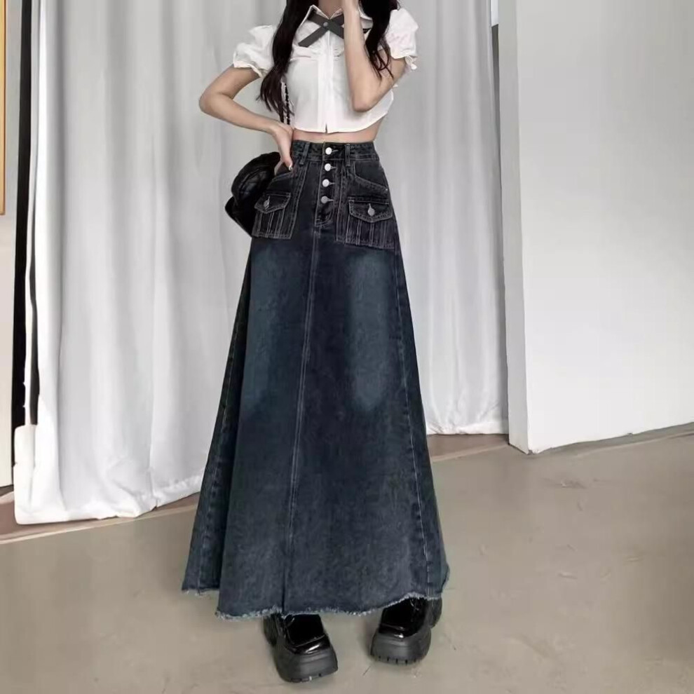 (blue-gray, XL) Plus Size High Waist A-line Denim Skirt - Retro Long Skirt For Women, 2025 Spring/summer Collection