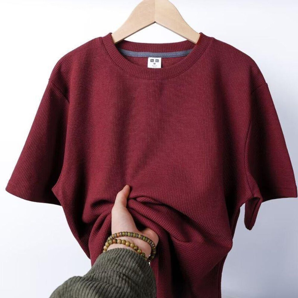 (wine red, XXL) "2024 Men's Summer Solid Color Waffle Short Sleeve Round Neck T-shirt - American Fashion Brand