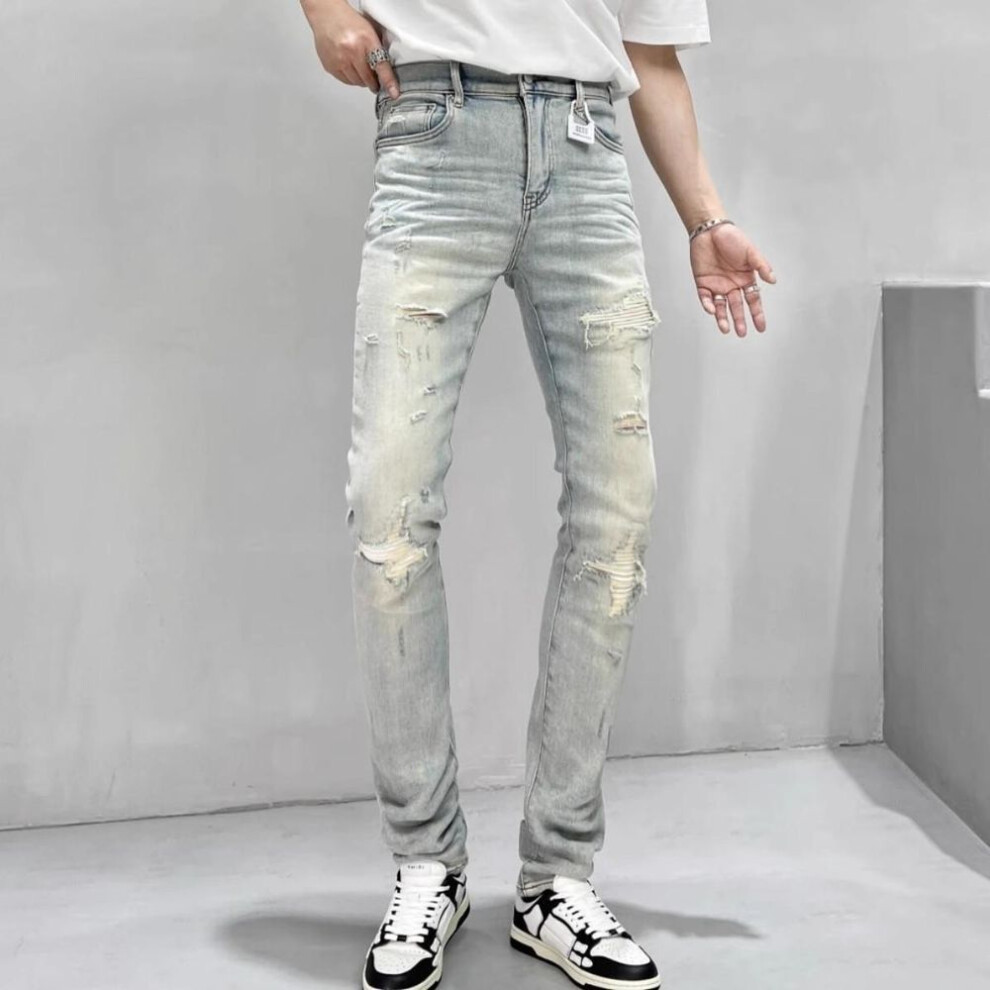 (31 (suggested 125-135 kg)) Men's Trendy Slim Fit Light Blue Ripped Jeans - Casual, Elastic, Fashionable Skinny Pants